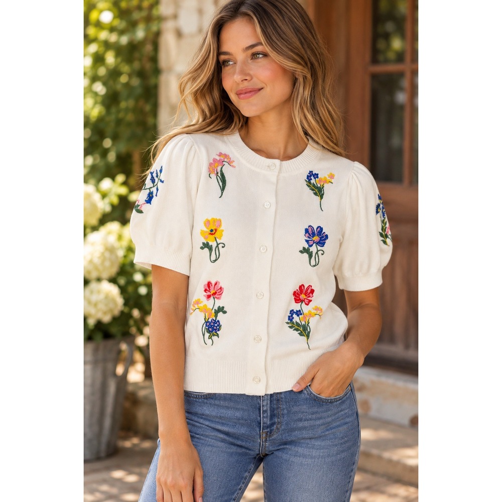 Free Assembly Cardigan White Short Sleeve Floral Embroidered Puff Sleeve XS NWT